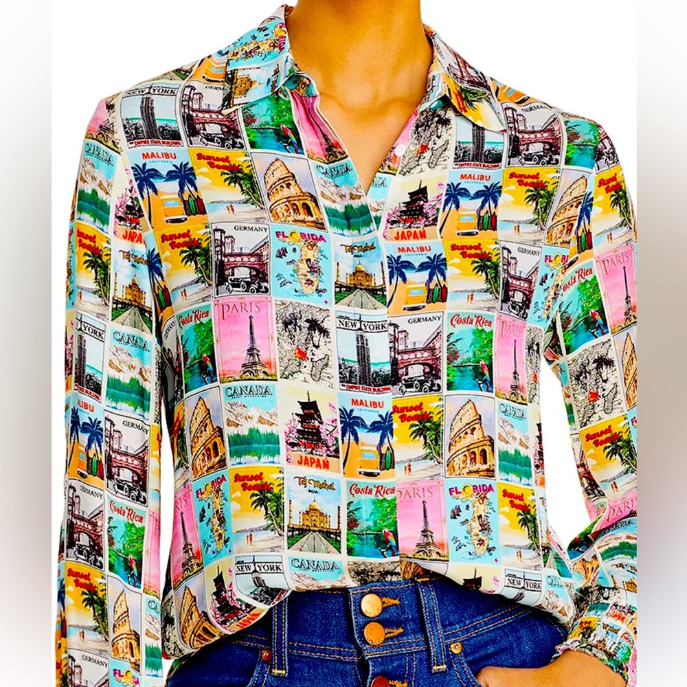 New with tags. Never worn Alice+Olivia Wanderlust Postcards travel Blouse.